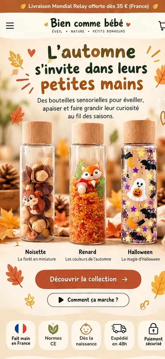 Page d’accueil mobile de la boutique Bien comme bébé : bouteilles sensorielles d’automne et bouton Découvrir la collection.
