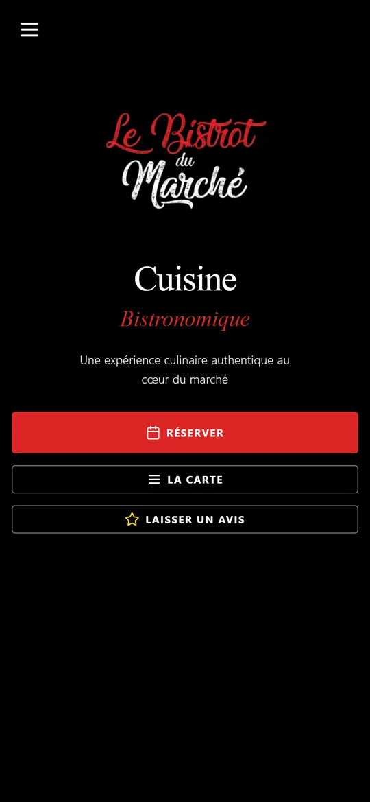 Page d’accueil mobile du Bistrot du Marché : logo, « Cuisine bistronomique » et boutons Réserver, La carte, Laisser un avis.
